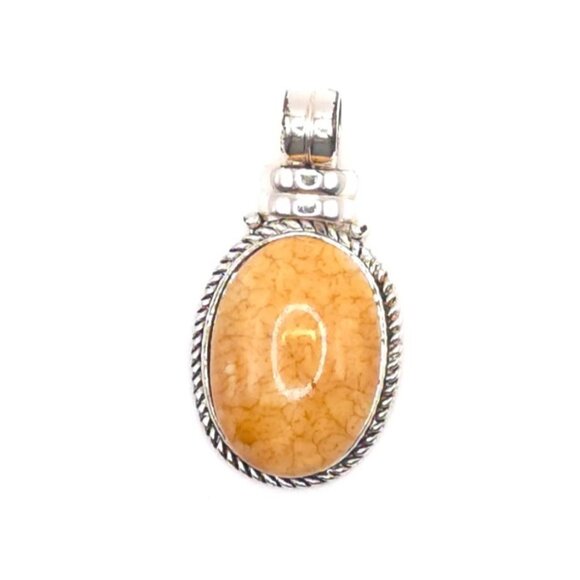 Unbranded Jewelry - Orange Oval Gemstone Pendant With Silver-Tone Rope Detailing & Textured Back